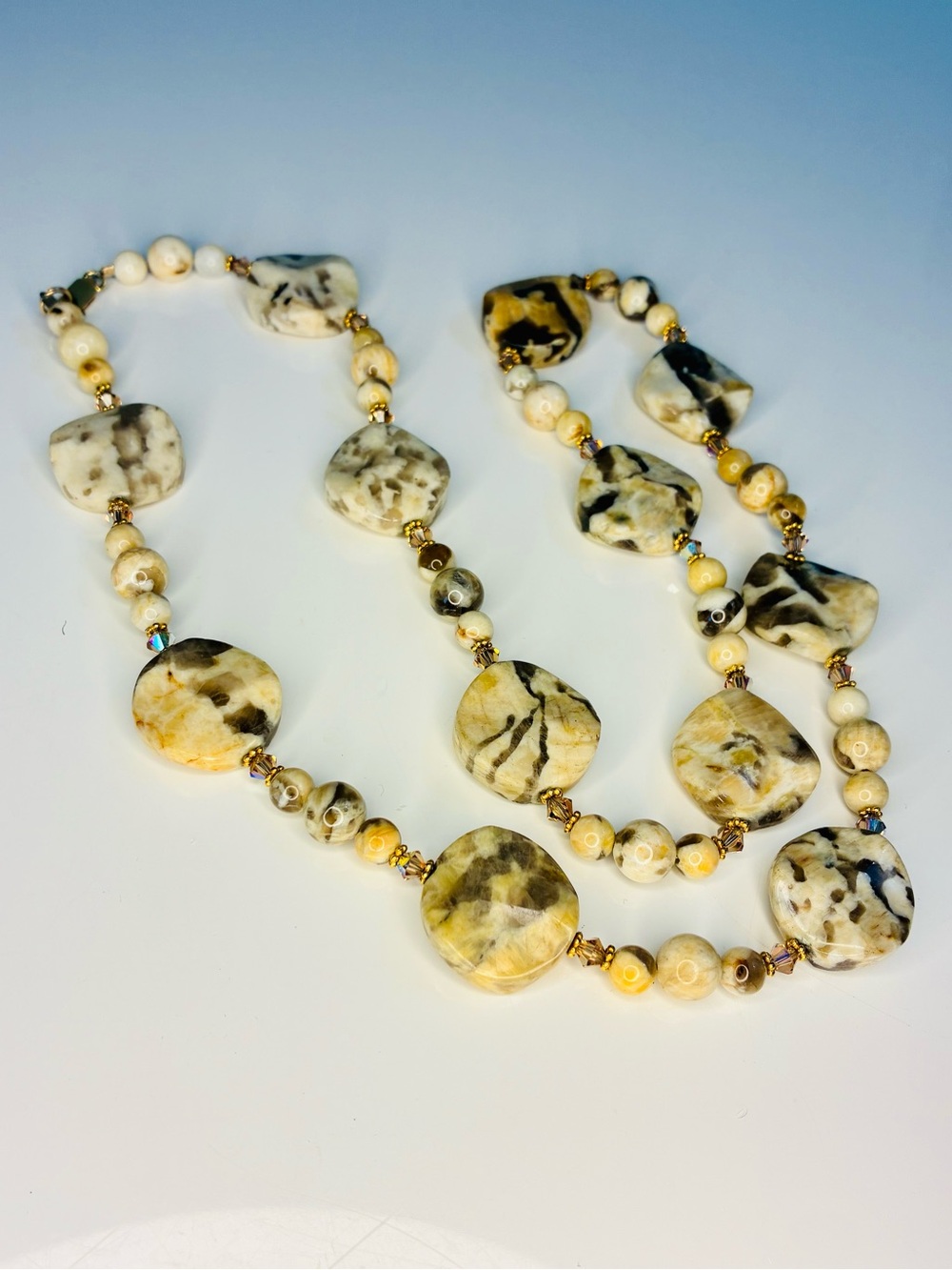Handcrafted Cream and Beige Textured Spotted Jasper Beaded Necklace GF Clasp EUC